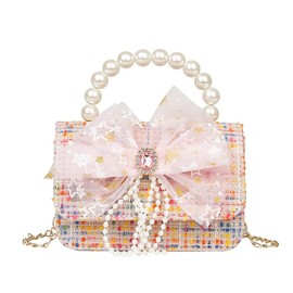 FASHION YO Shoulder Bag Girls Kids Children Handbags Portable Mini Coin Purse Messenger Crossbody Bag Princess Pearl Bow Mini Flip Bag Accessories Bags Gift Travel Holiday (Pink Bow Bag)