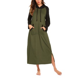 Ekouaer Nightgowns for Women Cotton Nightgown Long Sleeve Hooded Night Gown Contrast Color Full Length Loungewear with Pocket Army Green M