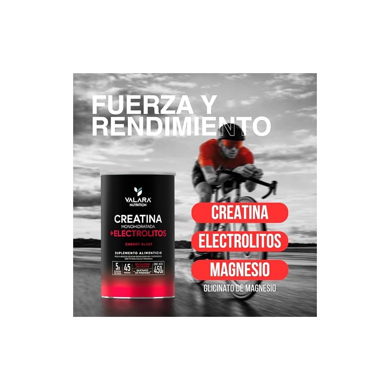 VALARA Creatina Monohidratada Adicionado Con Electrolitos En Polvo Cereza