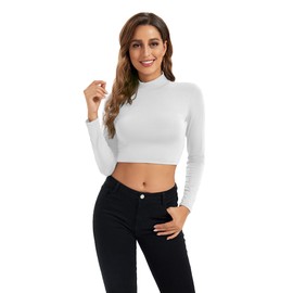 Womens Long Sleeve Crop Top Mock Neck Tops for Women Cropped T Shirts for Women Scrub Undershirts Light Academia Clothing White Large