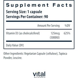 Vital Nutrients Vitamin D 5000 IU - Vitamin D3 Supplement - Healthy Bones, Teeth, Muscles*- Cellular & Immune Function - Calcium Absorption - Gluten, 