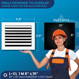 8" x 10" Duct Hole [9.6" x 11.6" Face] Aluminum 1-Way Vent Cover: Adjustable Curved Blade Air Supply Diffuser - Plastic Seal for Tight Fit, Quiet Air Flow, Multi-Shutter Damper