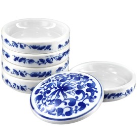 QWORK 5-Layer Ceramic Mixing Trays Set, Round Porcelain Watercolor Palettes and Sauce Dishes with Blue Patterns, Ideal for Art Lovers and Jewelry Storage