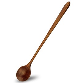 Long Spoons Wooden, 1 Pieces Korean Style 10.9 inches 100% Natural Wood Long Handle Round Spoons for Soup Cooking Mixing Stirrer Mukbang Kitchen Tools Utensils(Korean Style Soup Spoon)