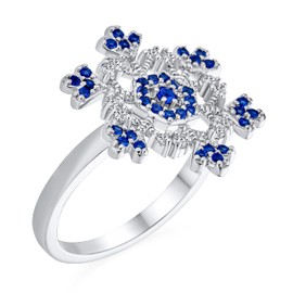 Winter Holiday Christmas Statement 2 Tone Blue Clear Cubic Zirconia Flower Snowflake CZ Ring Cocktail For Women .925 Sterling Silver
