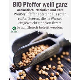 Organic Pepper White Whole | White Peppercorns in Premium Quality for Pepper Mills, Sauces, Soups & Vegetables | Mild Spicy Taste | OmVeda (200 g)