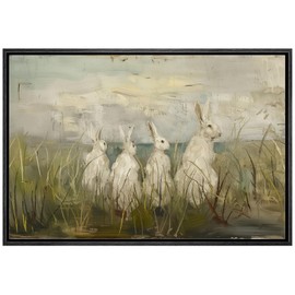 MUDECOR Framed Canvas Print Wall Art Whimsical White Rabbits in Grassland Soft Pastel Landscape Illustrations Realism Decorative Panoramic Earth for Living Room, Bedroom, Office - 16"x24" Black