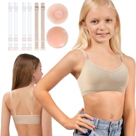 iMuchic Clear Straps Dance Bra for Girls, V-Neck Pad Seamless Wireless Bras with Adjustable Replace Strap Silicone Covers