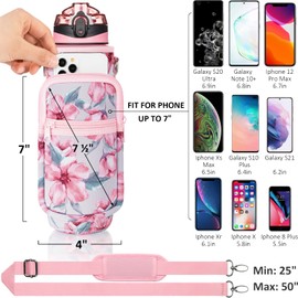 Fimibuke 32 oz Water Bottle with Sleeve - BPA Free Leakproof Sport Large 1L Plastic Motivational Water Bottle with Straw Strap Insulated Neoprene Holder Carrier Bag for Kid Women Men(A4.Peach Blossom)