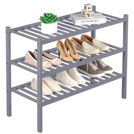 ROMGUAR CRAFT 3 Tier Bamboo Shoe Rack for Closet Free Standing Wood Shoe Shelf Storage Organizer for Entryway Small Space Stackable 27"x11"x20" (Grey)