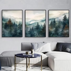 Set of 3 Posters, Modern Green Mountains Forest Landscape Pictures, Canvas Pictures, Wall Poster, Wall Decoration for Living Room & Bedroom, without Frame (30 x 40 cm)