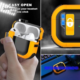 RFUNGUANGO for AirPods Pro Case Cover with Secure Lock Clip, Automatic Pop-up Case Full-Body Shockproof Hard Protective Cover for AirPods Pro 2/1/Gen E-Black+Yellow