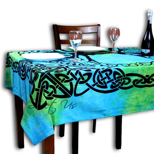 Sweet Us Celtic Print Tablecloth for Square Tables 72x72 Blue Green Turquoise Tree of Life Cotton Fabric Kitchen, Dining Linen