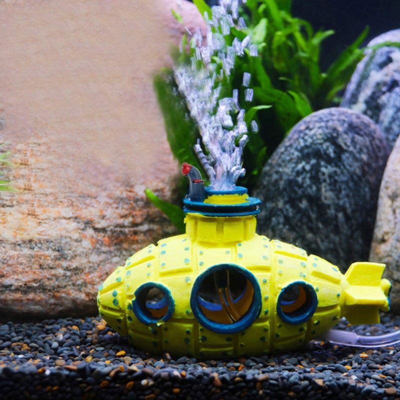 Submarine Stone Set Yellow Aquarium Decoration, Realistic Air Bubbler Fish