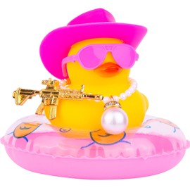 CoFuBcad Rubber Duck for Dashboard, Cowboy Duck Car Dashboard Decoration Squeak Duck Car Ornaments Accessories with Mini Swim Ring Cowboy Hat Pearl Necklace Colorful Sunglasses Unique Prop(Style B9)