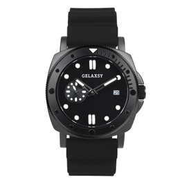GELAXSY Mens 44mm Quartz Watch with Analogue Display Date Window and Rubber Strap Water Resistant Wrist Watch for Men (Black)