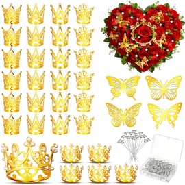 178Pcs Flower Bouquet Accessories,30 Pcs Mini Crowns for Flower Bouquets,48Pcs Gold 3D Butterfly Decorations and 100Pcs Corsage Boutonniere Pins for Graduation Father's Day Wedding Cupcake Decor
