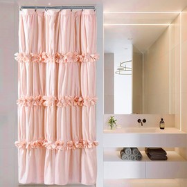 Homechoice Decor Peach Small Stall Ruffle Shower Curtain 36" W x 72" H, Vintage Handcrafted Bow Tie Bath Curtain for Master Bathroom, Ruched Polyester Bathroom Curtain with 7 Buttonholes (LQ-10)