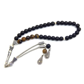 Tesbih Tasbih Tespih Misbaha Subha 33, 30 cm, Muslim Islamic Rosary Prayer Worship Accessories, Semi-Precious Stone Tiger's Eye Onyx Black Beads Ball 8 mm, Onyx, Tiger Eye, silver-plated metal, brass