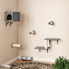 NUNU LAB 5-in-1 Wall Mounted Cat Furniture Set, Cats Wall Condos, Wall-Mounted Cat Climbing Shelves, with House, Bridge, Steps, Scratcher, Hammock, Shelves (D-KM063, One Size)