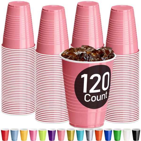 DecorRack 120 Party Cups 12 oz Disposable Plastic Cups for Birthday Party Bachelorette Camping Indoor Outdoor Events Beverage Drinking Cups (Light Pink, 120)