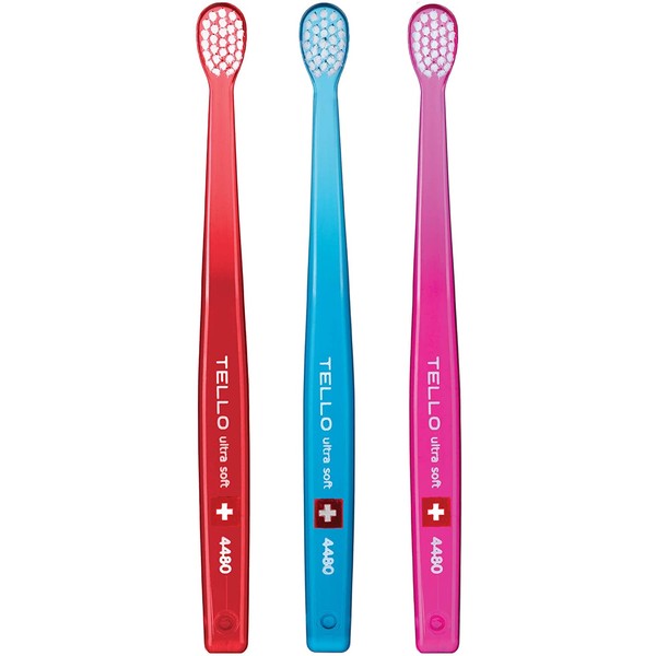 Tello 4480 Adult or Child Ultra Soft Toothbrush with Smaller Head for Gentle Cleaning with Ergonomic Handle, Made in Switzerland, 3 Count