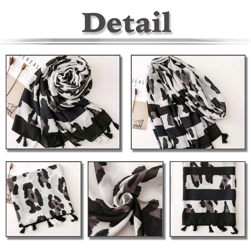 WHITE FANG MA039 Women's Stole Scarf, Cotton, Linen, Leopard Pattern,