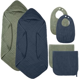 Hahafelt 6 Pcs Baby Hooded Towels Washcloths and Bibs Set Muslin Cotton Baby Bath Towels Soft Absorbent Baby Towels for Boys Girls Newborn Infant Essentials (Blue, Green)