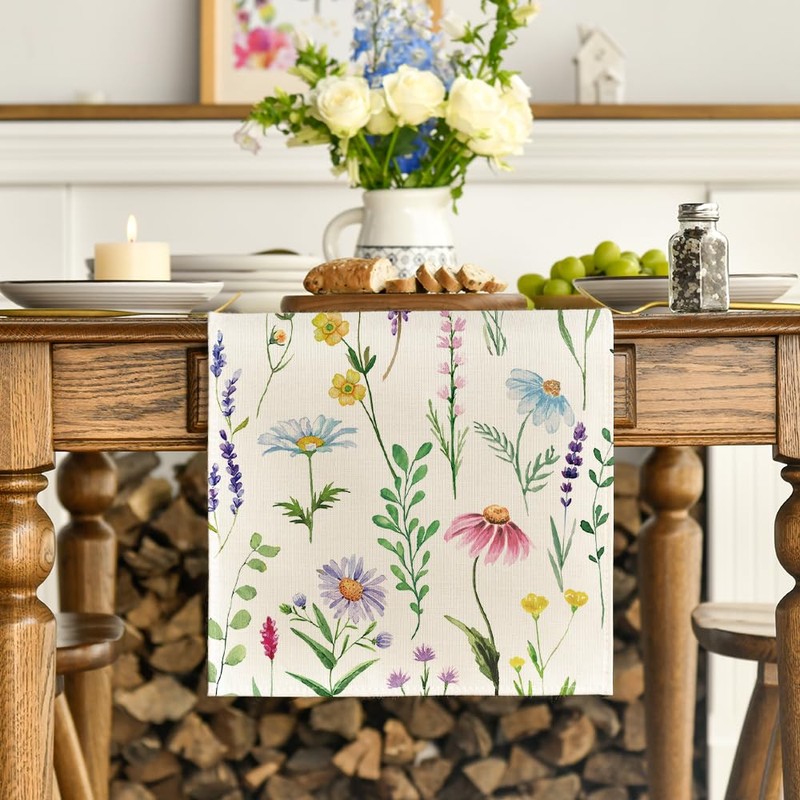 Artoid Mode Wildflowers Floral Eucalyptus Spring Table Runner, Seasonal Summer