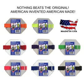 Armband Badge Holder, Yellow Stretch Band, White Buckle, Fits 2 3/4" x 4 1/8" Cards, Top Slit, Made in USA