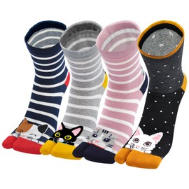 ZAKASA Flip Flops Tabi Socks: Women Japanese Split Toe Socks Ladies Ankle Sock Cotton Novelty Funny Animal Finger Sock Size 4-9 Kitten 4 Pairs