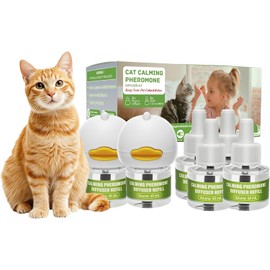 Cat Calming Diffuser Plug in - 6 Pack Pheromone Diffuser Kit to Reduce Anxiety & Stress in Cats, Includes 2 Diffusers & 6 Refills