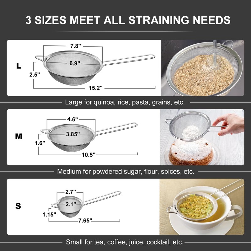 Walfos Fine Mesh Strainers Set, Premium Stainless Steel Colanders and