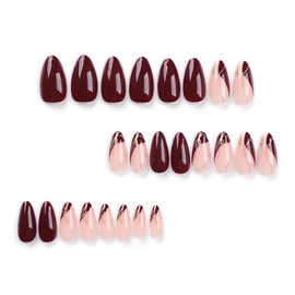 Press on Nails Medium Almond Fake Nails Red Brown False Nails with Designs Gold Line French Press Ons Full Cover Acrylic Nails Glue on Nails Glossy Stick on Nails for Women Nails Decoration 24Pcs