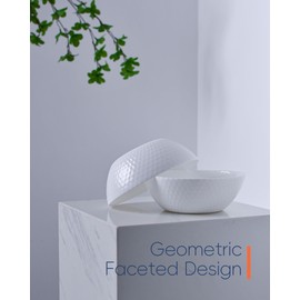 LaGlint 27 OZ Max Cereal Soup Bowl Set of 6, Opal Glass 7.2 inch White Geometric Faceted Bowls for Ramen, Noodle, Salad, Fruit, Dishwasher and Microwave Safe