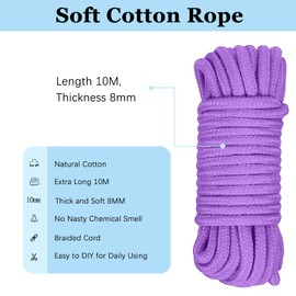 10m Soft Cotton Rope, Black 8mm Long Rope Thick Craft Cord Cotton Cord All Purpose Tying Rope (Purple)