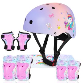MHJY Kids Helmet and Pads Set with DIY Stickers Girls Bike Helmet Age 3-8 Years Unicorn Knee and Elbow Pads Adjustable Protective Gear for Children Cycle, Skateboard Scooter, Roller Skates