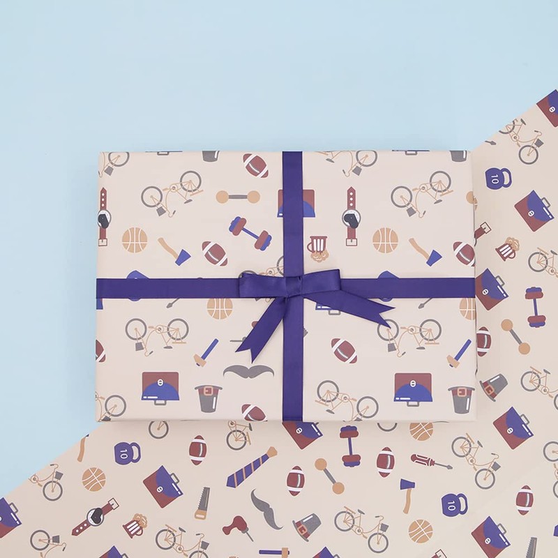Fathers Day Gift Wrap Wrapping Paper with Ribbon and Stickers,