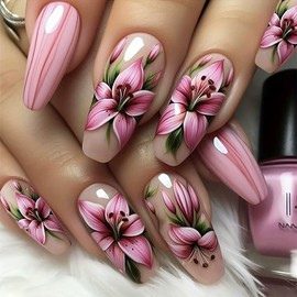 Pink Press on Nails Medium Coffin Fake Nails with Floral Lines Designs Nude Nails Press ons Glossy Glue on Nails Spring False Nails Summer Acrylic Nails Artificial Stick on Nails Women 24Pcs