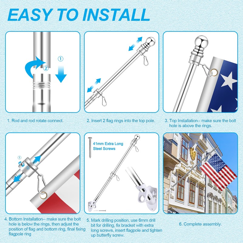 6 FT Metal Flag Pole Kit for Outside House w/