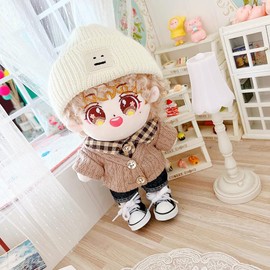 niannyyhouse 20cm Plush Doll Clothes Hat Button Denim Flange Jeans Doll Dressup (White+Brown)