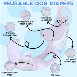 Docuwee 3 Pack Washable Dog Diapers Female Sanitary Panties with Adjustable Suspender, Reusable Puppy Period Panties, Super Absorbent Doggie Diapers for Small Medium Large Dogs in Heat