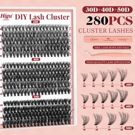 Higu clace Lash-Clusters-Kit, DIY-Lash-Extension-Kit with Lash Bond and Seal waterproof D Curl 10-16mm Individual Lashes Clusters with Lash Applicator Tools for Easy To Apply at Home(3D 304050D KIT)