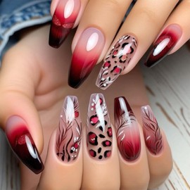 Vopintpy Plant Leopard Print Press on Nails Black Red Gradient Fake Nails Ballerina Long Square Acrylic Glue on Nail Glossy Reusable Stick on Nail for Women DIY Manicure