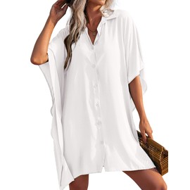 Ekouaer Womens Bathing Suit Coverups Beach Cover Up for Swimwear Button Down Beachwear Shirt,3X-Large White