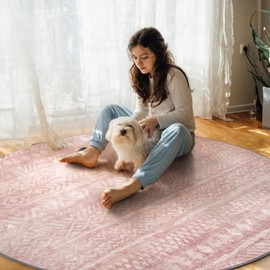 Round Rugs 6ft Boho Area Rug for Living Room Machine Washable Rugs for Bedroom Circle Rug Carpet Rug for Dining Room Nursery Rug Non Slip Soft Modern Pink
