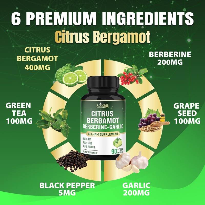 Cadane Citrus Bergamot Supplement with Berberine, Garlic, Green Tea, Grape