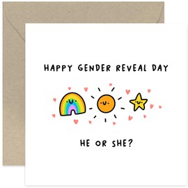 Old English Co. Gender Reveal Card - 'Happy Gender Reveal Day' - Celebration Card for New Parents, New Grandparents - Colourful Gender Announcement Card for New Mum and Dad | Blank Inside