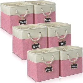 Dyvavna storage cubes 11x11x11[6 Pack],Fabric Storage Cubes with Rope Handles, Eco-Friendly Linen Collapsible Organizers for Closet, Nursery, Toys, Office, Bathroom – Dual Color Design.(White&Pink)