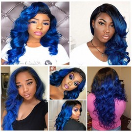 1B/Blue Body Wave Bundles Human Hair Blue Body Wave Bundles Two Tone Black Roots to Blue Bundles Weave Double Weft Brazilian Human Hair Wet and Wavy Bundles Silky Soft for Black Women 26 28 30 inch